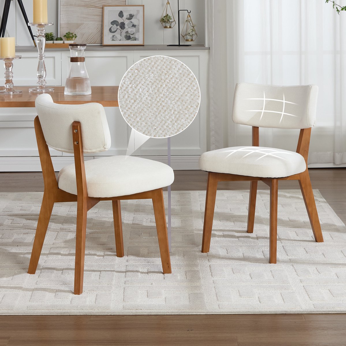 MEUNIQ Eetkamerstoel set van 2 - beige stoffen zitting en rugleuning, houten vierpoot, 54,5 x 47 x 77 cm, voor eetkamer, keuken of kantoor