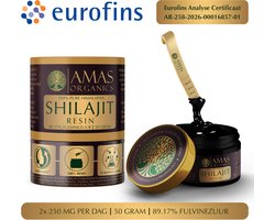 AMAS ORGANICS | 100% PURE HIMALAYAN SHILAJIT RESIN | VEGAN | PUUR EN NATUURLIJK | 50 G | 89,17% FULVINEZUUR | RECYCELBARE GLAZEN POT | EUROFINS ANALYSE CERTIFICAAT AR-258-2026-00016857-01 MEEGESTUURD BIJ ELKE BESTELLING.