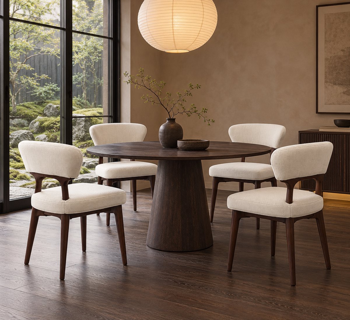 Set van 4 Japandi Eetkamerstoelen Lichtbeige – Massief Houten Eetstoelen met Chenille Bekleding – Comfortabele Ademend Uitgevoerde Stoelen voor Eetkamer, Woonkamer & Café – Moderne Japanse Stijl