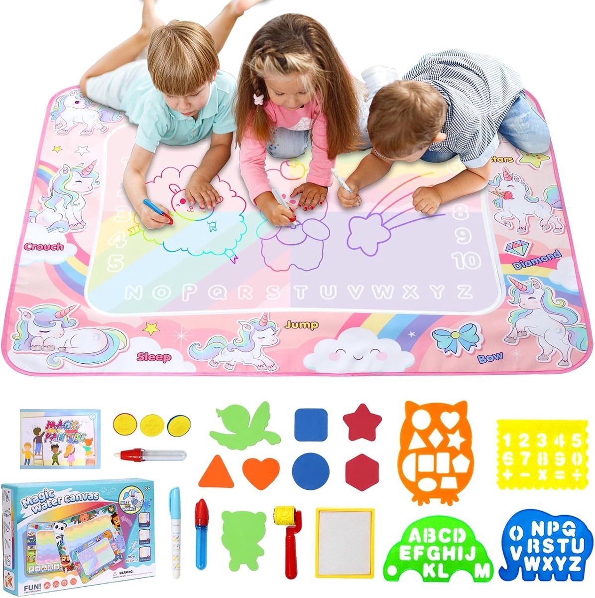 Grote Water Doodle Mat 120 x 90 cm voor Kinderen, Magische Aqua Doodle Tekenmat met Waterpen, Creatief Schilderen voor Jongens en Meisjes van 2-7 Jaar (Unicorn)