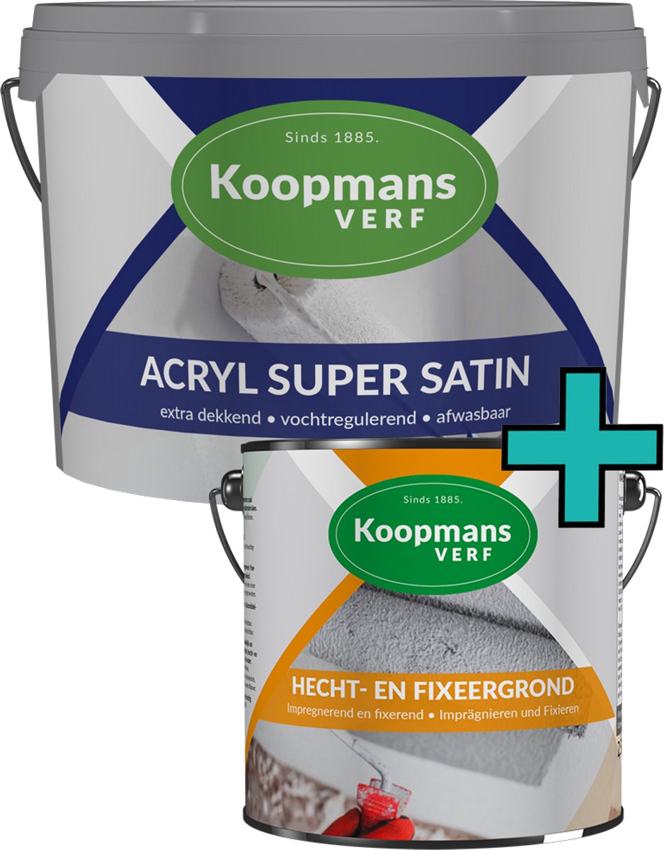 Koopmans Hecht- en Fixeergrond + Acryl Super Satin Muurverf Set - Primer + Zijdeglans Muurverf Binnen en Buiten - Afwasbaar en Dekkend - Zachte Ochtendgloed - 2x 2,5 l
