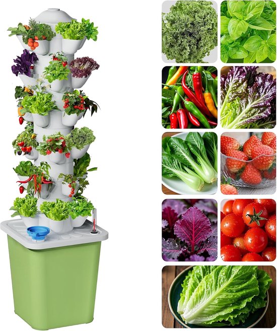 Gedetailleerde foto van een verticale moestuin gevuld met diverse groenten en fruit, met kleinere afbeeldingen van ingrediënten.