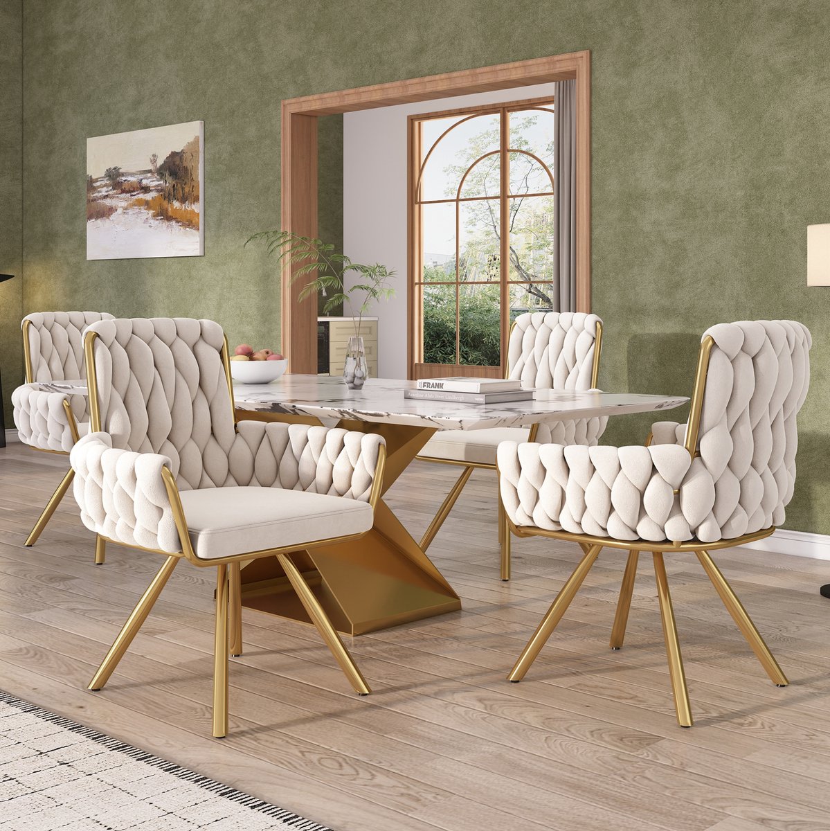 FloraGrace Eetkamerstoel 63 x 50 x 87 cm - 360 Graden Draaibaar Met Armleuningen - Set van 4 - Velvet - Beige