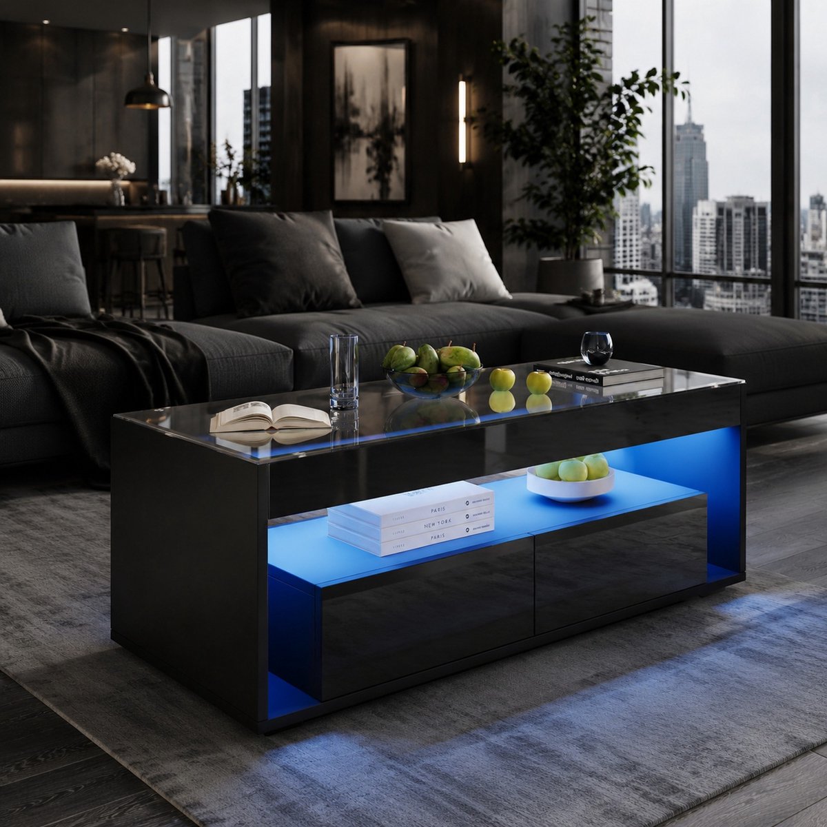 MEUNIQ Moderne rechthoekige salontafel 100 x 50 x 40 cm met LED-verlichting, glasblad, 2 lades en open vakken voor woonkamer, zwart