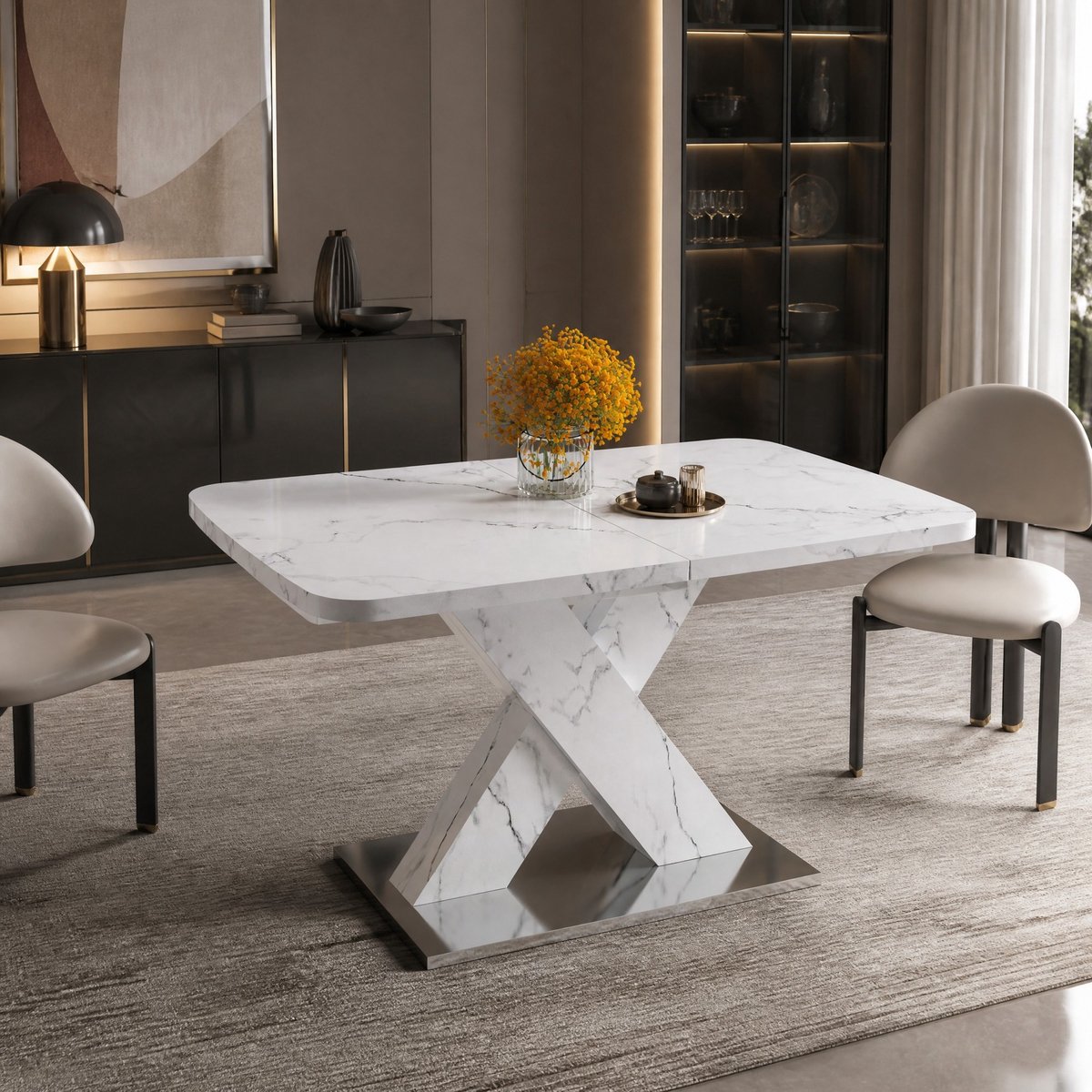MEUNIQ Moderne uitschuifbare rechthoekige eettafel 120-160 x 80 cm met wit marmerlook MDF-blad, X-poot en metalen basis voor eetkamer