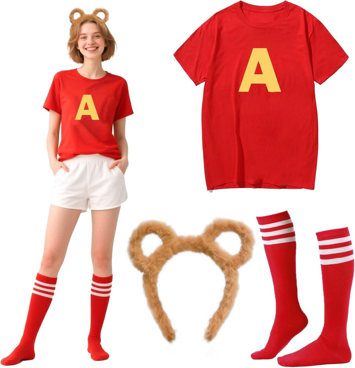 3-delige Chipmunks Kostuumset met Hoofdband, T-shirt en Voetbalsokken voor Feestjes, Halloween en Carnaval