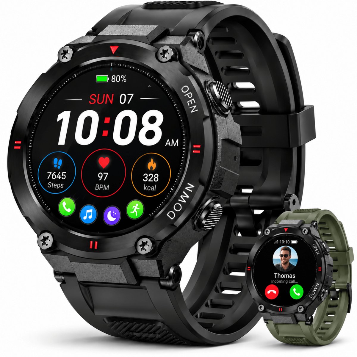 VANOVAA Smartwatch Heren & Dames 45 mm - Bluetooth bellen - Activity Tracker 400mA IP67 - 100+ sportmodi Smartwatches geschikt voor IOS, Android - 2 bandjes