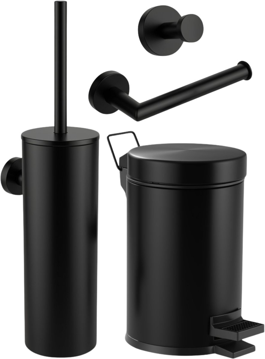 Toiletaccessoireset Zwart - Pedaalemmer 3L - Toiletborstelhouder - Toiletrolhouder - Handdoekhaak - RVS