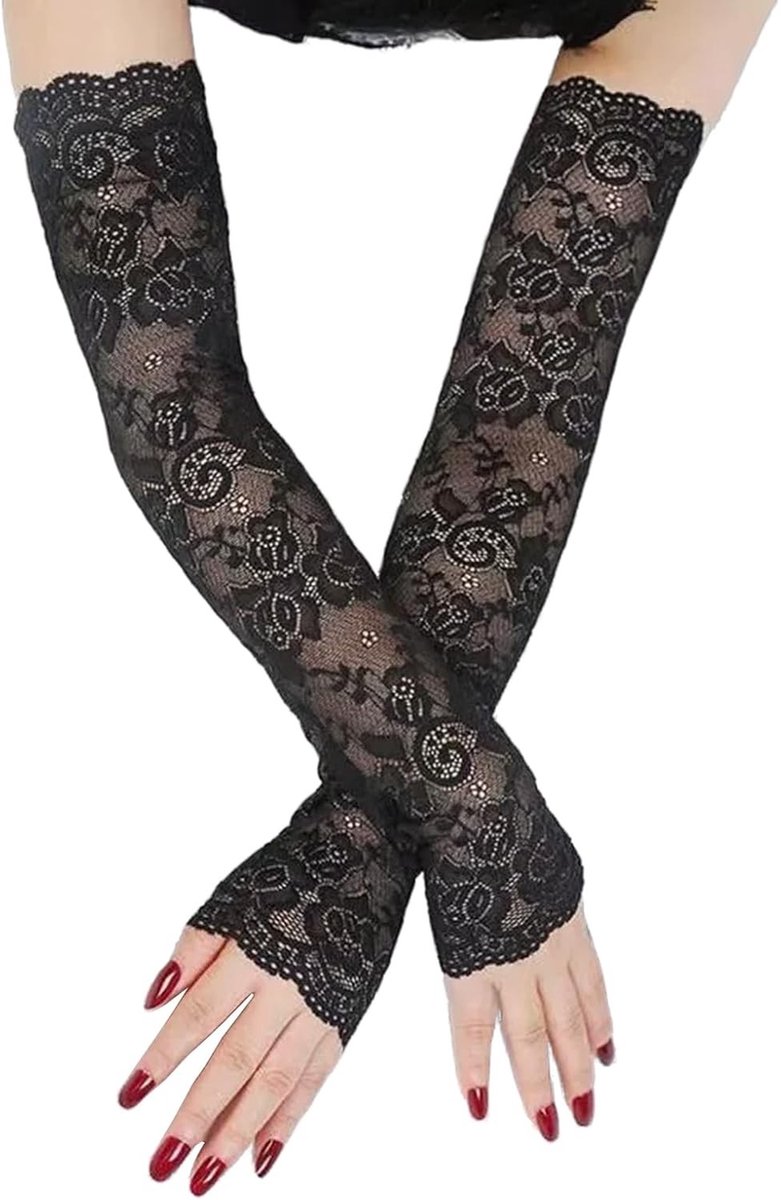 Zwarte Kanten UV-Beschermende Armwarmers voor Dames, Lange Vingerloze Handschoenen voor Bruiloften en Feestjes, Maat L, Elegante Accessoires voor de Zomer