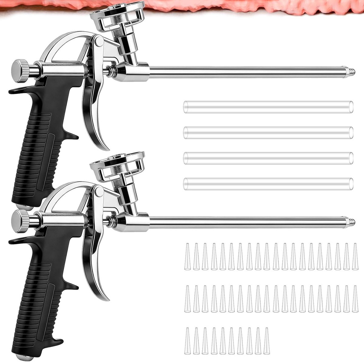 2 stuks PU schuimpistool, professioneel metalen bouwschuimpistool set met 54 spuitmonden (4 lange + 50 korte) | PU schuimpistool voor afdichten, vullen en montage voor doe-het-zelvers en professionals