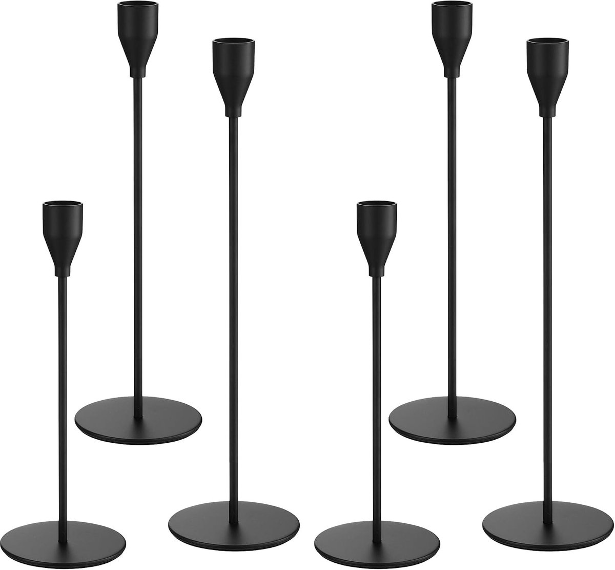 6 stuks metalen kaarsen, 33/28/23 cm drie kandelaars, retro elegante decoratieve kaarsen, geschikt voor bruiloften, diners, kaarsen, feesten, verjaardagen, woondecoratie (zwart)