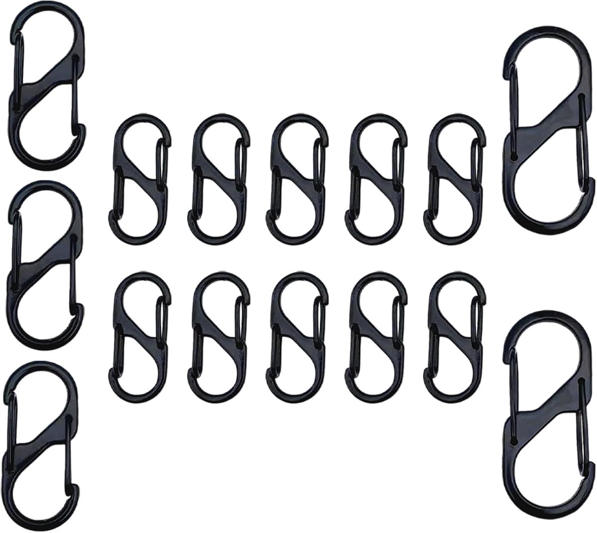 15 stuks S-vormige karabijnhaken, metalen karabijnhaak, Mini S-vorm, 50 mm/40 mm/32 mm, clips met metalen gesp met dubbele veer, voor outdooractiviteiten, kamperen, vissen, wandelen, reizen