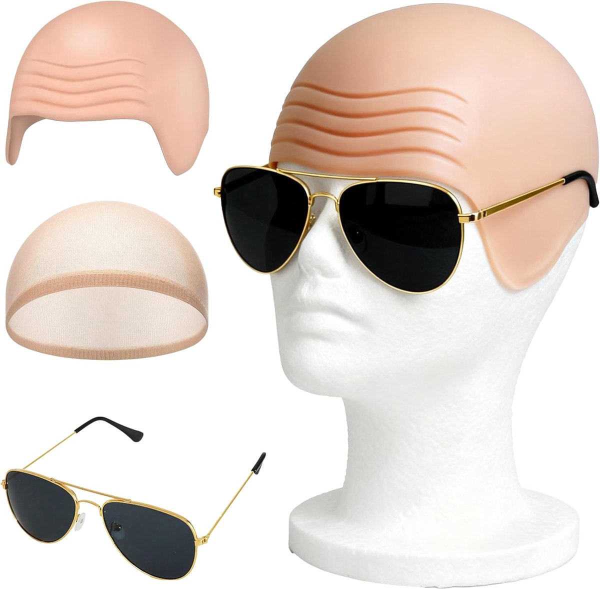 Latex kostuum voor volwassenen, 3-delige set: kale hoofdkap + naakte pruikkap + zonnebril, natuurlijke huidskleur voor Halloween, carnaval en cosplay