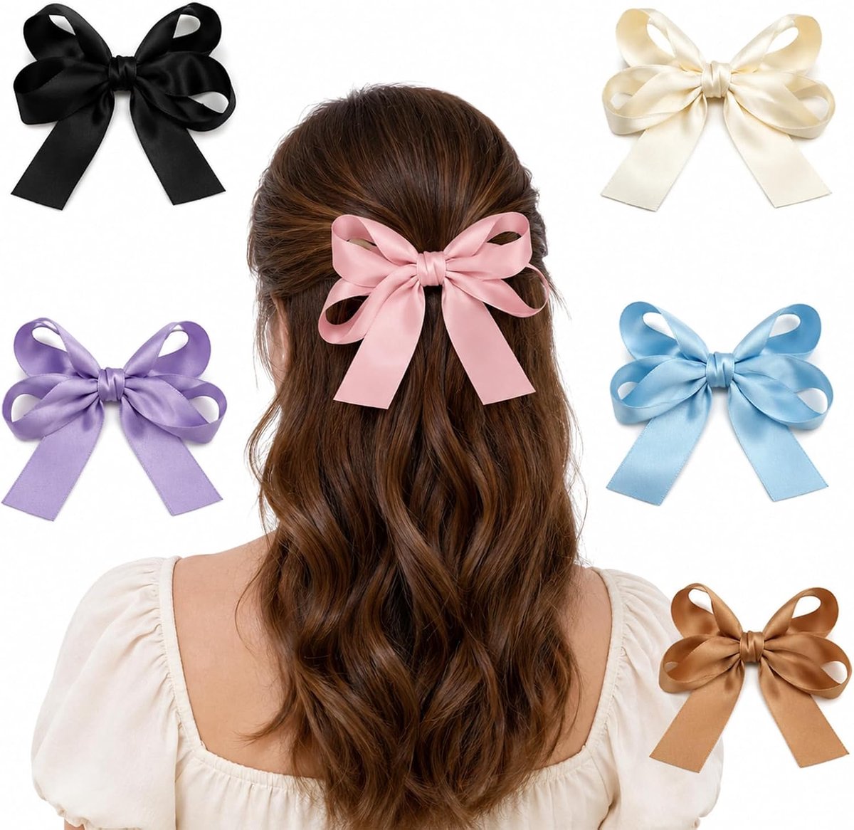 Strikspelden met lange linten in zes kleuren, 6 stuks, voor dagelijks gebruik, foto's, feestjes en kapsels, als accessoire voor vlechten, los haar, foto's en feesten