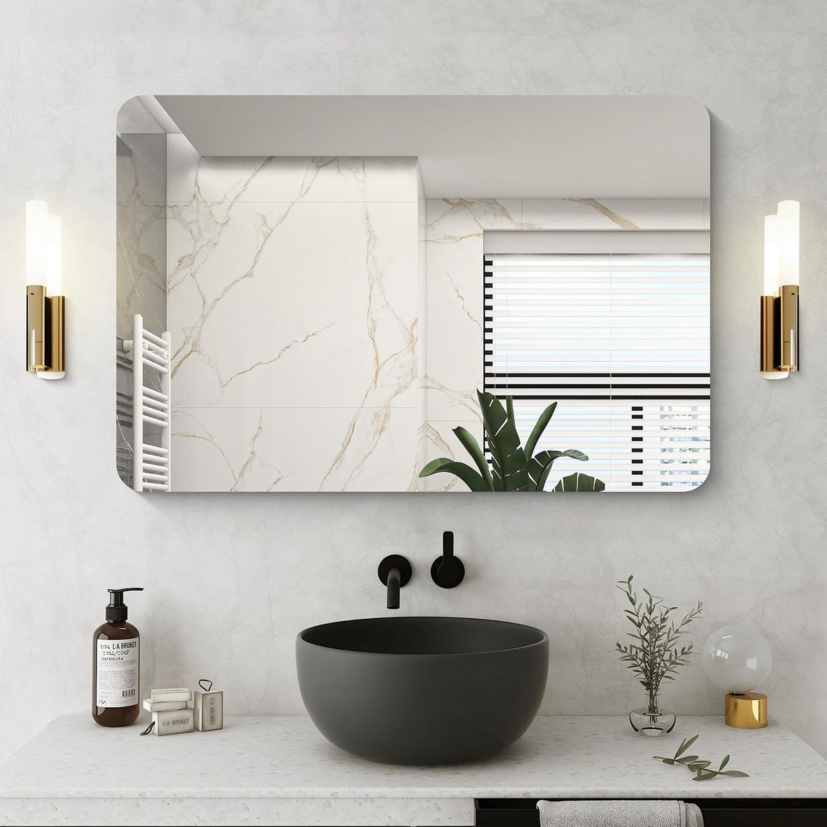 Wandspiegel, 90 x 60 cm, frameloze badkamerspiegel met afgeronde hoeken, rechthoekige spiegel voor badkamer, slaapkamer, woonkamer, hangt horizontaal of verticaal