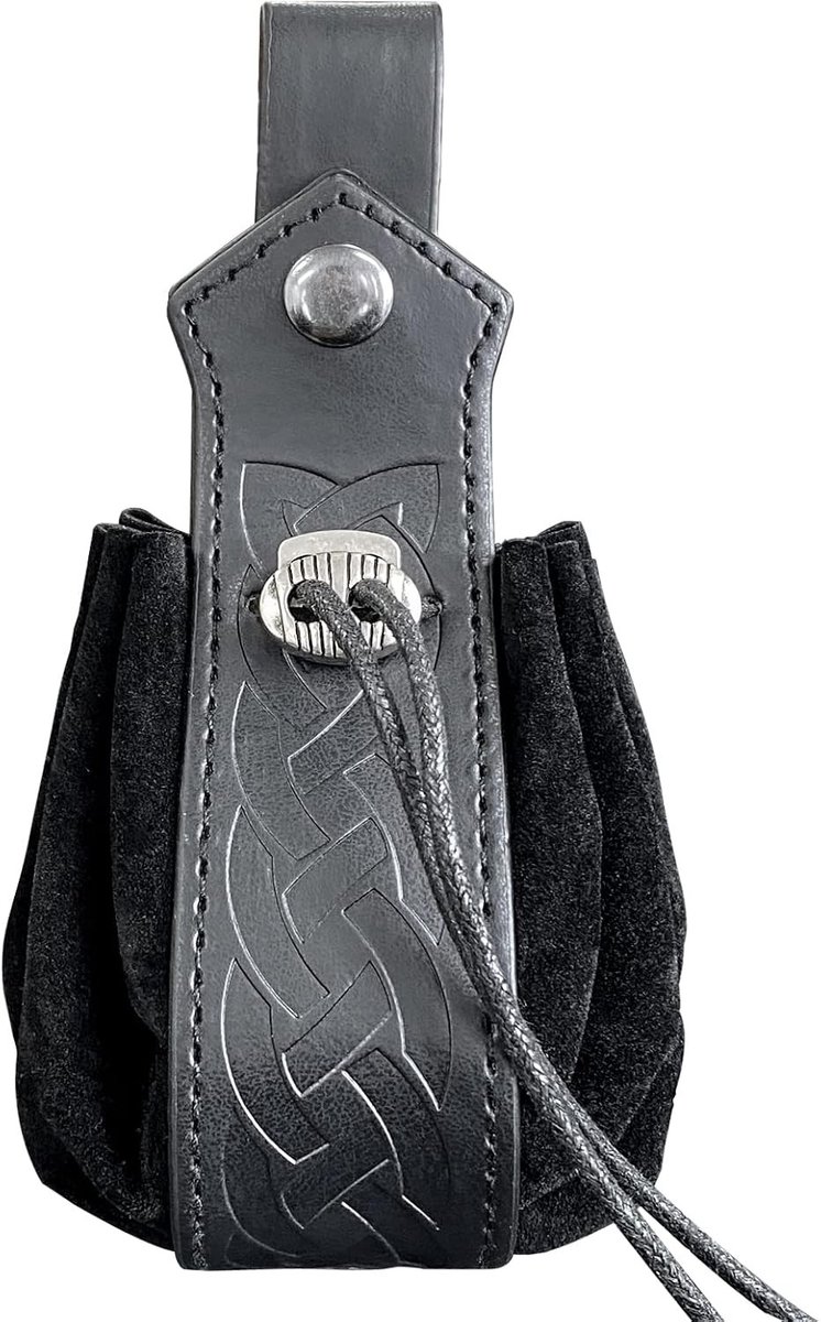 Leren trekkoord tas voor middeleeuwse en Viking stijl, veelzijdige portemonnee en dobbelstenen tas voor cosplay en LARP evenementen (Zwart)