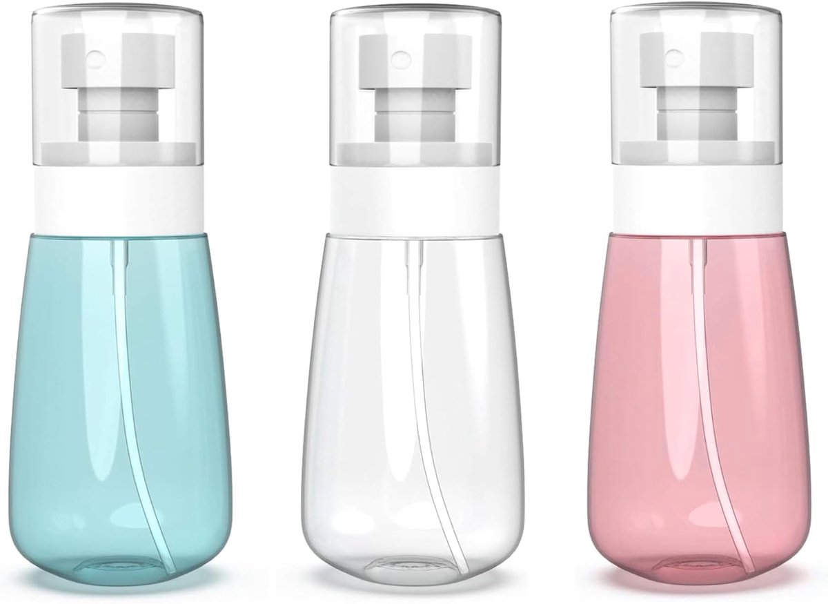 Spuitflessen om te vullen, set van 3, fijne nevel, mini-spuitfles, herbruikbaar, lekvrij, reismaat, TSA-goedgekeurd, voor gezicht, haren, toner (Blue+Clear+Pink, 100ml*3)
