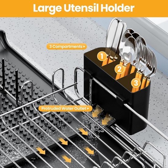 TOOLF Expandable Dish Rack, Countertop Dish Rack, Foldable Dish Rack, Stainless Steel Dish Racks with Cutlery Holder, Folding Drying Racks for Washing Dishes, Large Size, Black — afbeelding 3