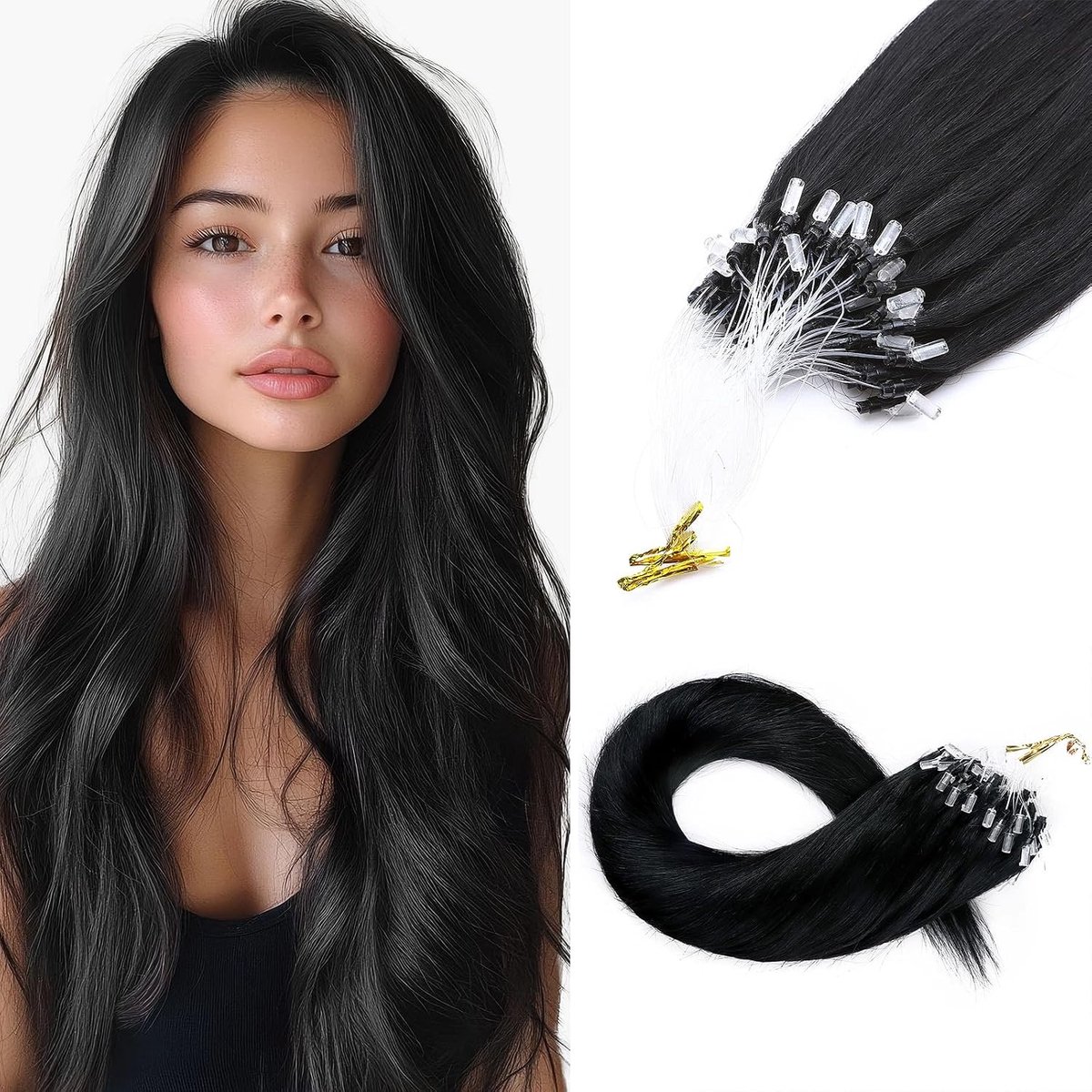Microring Haar Extensies Natuurlijk Haar, 45cm 50g (1g/lok) Mensenhaar Micro Loop Hair Extensions Lis Koude #01 Zwart