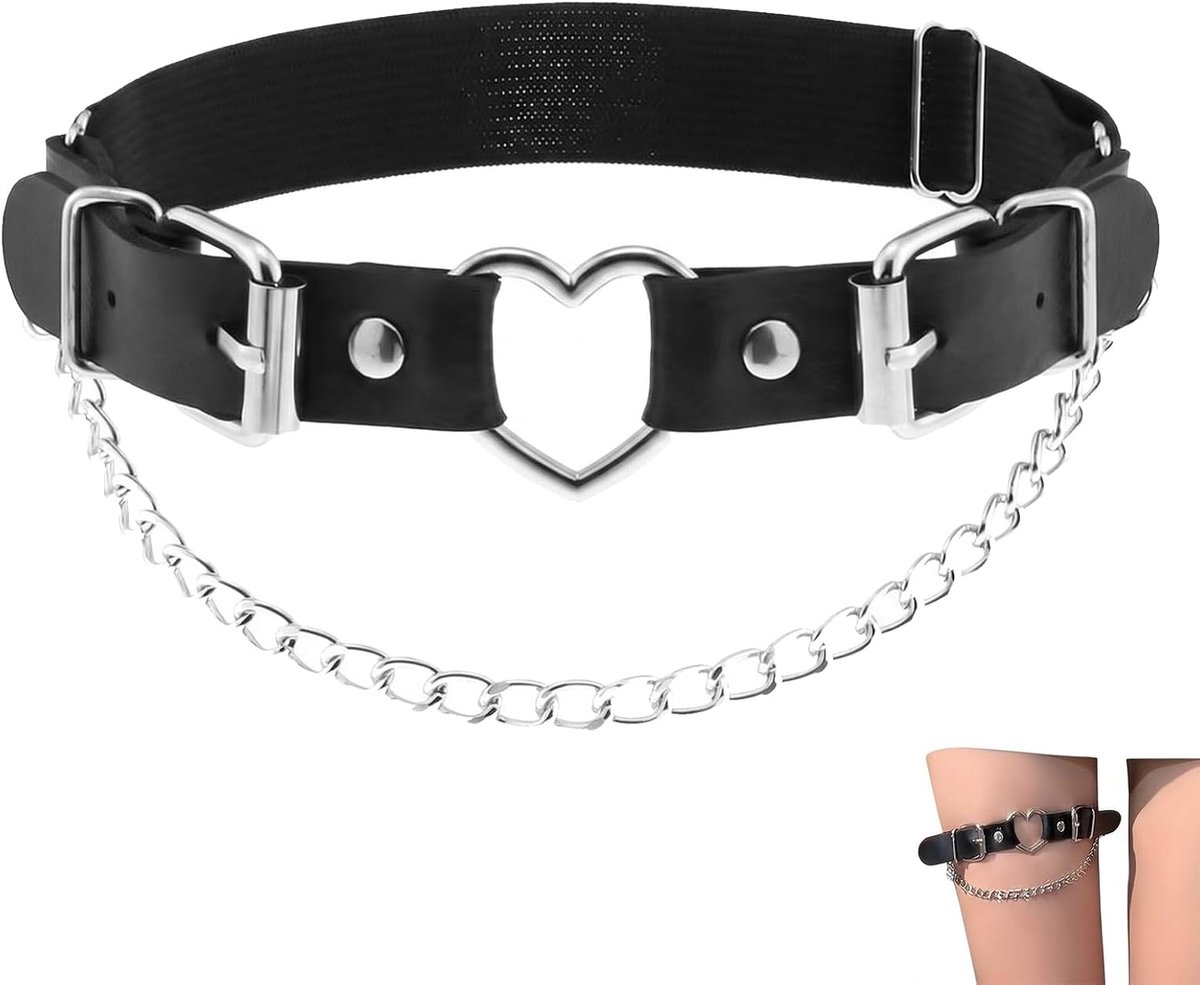 Jarretelgordel van PU-leer met hartje en ketting, gotische verstelbare jarretelgordel voor dames, cosplay-accessoire, rave, Halloween en feesten, één maat