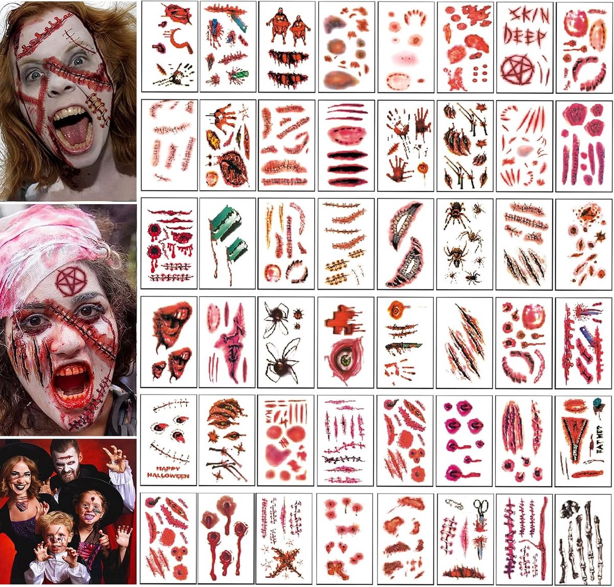 Tijdelijke tatoeages, Halloween tattoos, zombie scars, tatoeagestickers, littekentattoos, Halloween, horror make-up tatoeages, realistische wonden tattoo cosplay