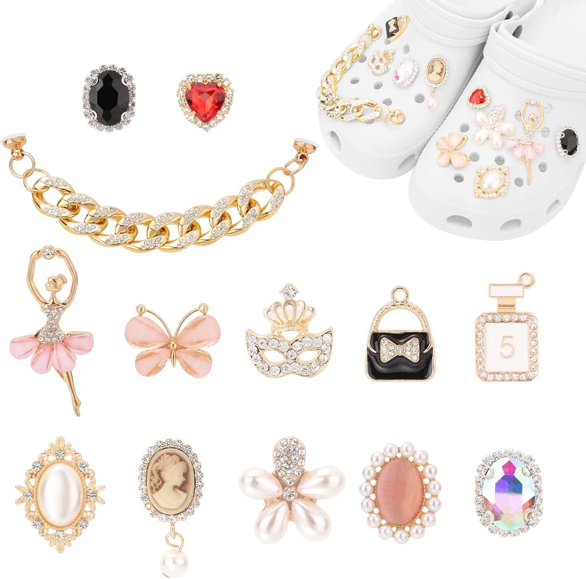 Bedels met metalen ketting voor schoenen, sieraden mode schoen decoratie bedels voor dames, Bling schoen bedels passen klomp sandalen, leuke Clog bedels voor vrouwen, feestcadeau voor meisjes, Stras