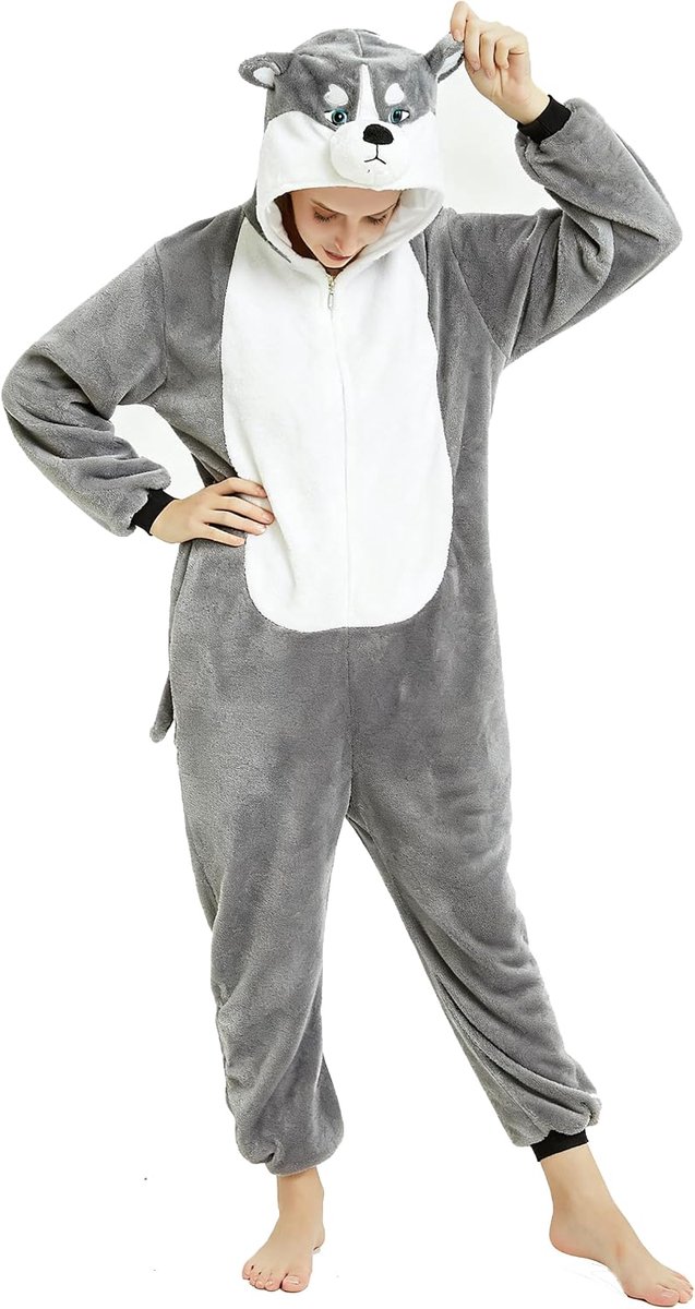 Kigurumi Overall voor carnaval, Kerstmis, party, kostuum, dier, Halloween, cosplay, volwassenen, eendelig, uniseks, voor dames en heren (M, hond Husky 1)