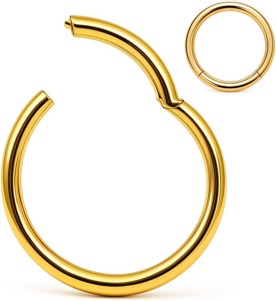 Septum neusring, segmentring, geelgoud, piercing, ring, scharnier, neus, oor, helix, tragus, borst, intieme wenkbrauw, segment, piercingring, klikker, geelgoud, chirurgisch staal, 316L