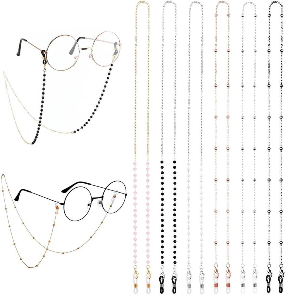 Elegante Zonnebrilketting voor Dames en Heren met Parels - 6-delige Brilketting voor Zonnebrillen en Brillen, Ideaal voor Modebewuste Draagsters