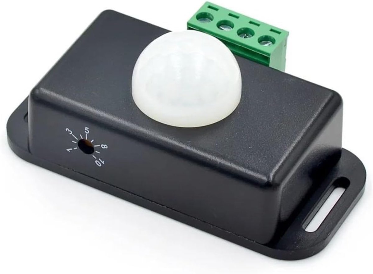 1 stuk 12V-24V PIR Bewegingssensor Schakelaar – Infrarood LED Lichtcontroller voor Stroken, Instelbare Timer (1-10 Min), 120° Detectie, 8M Bereik (Zwart)
