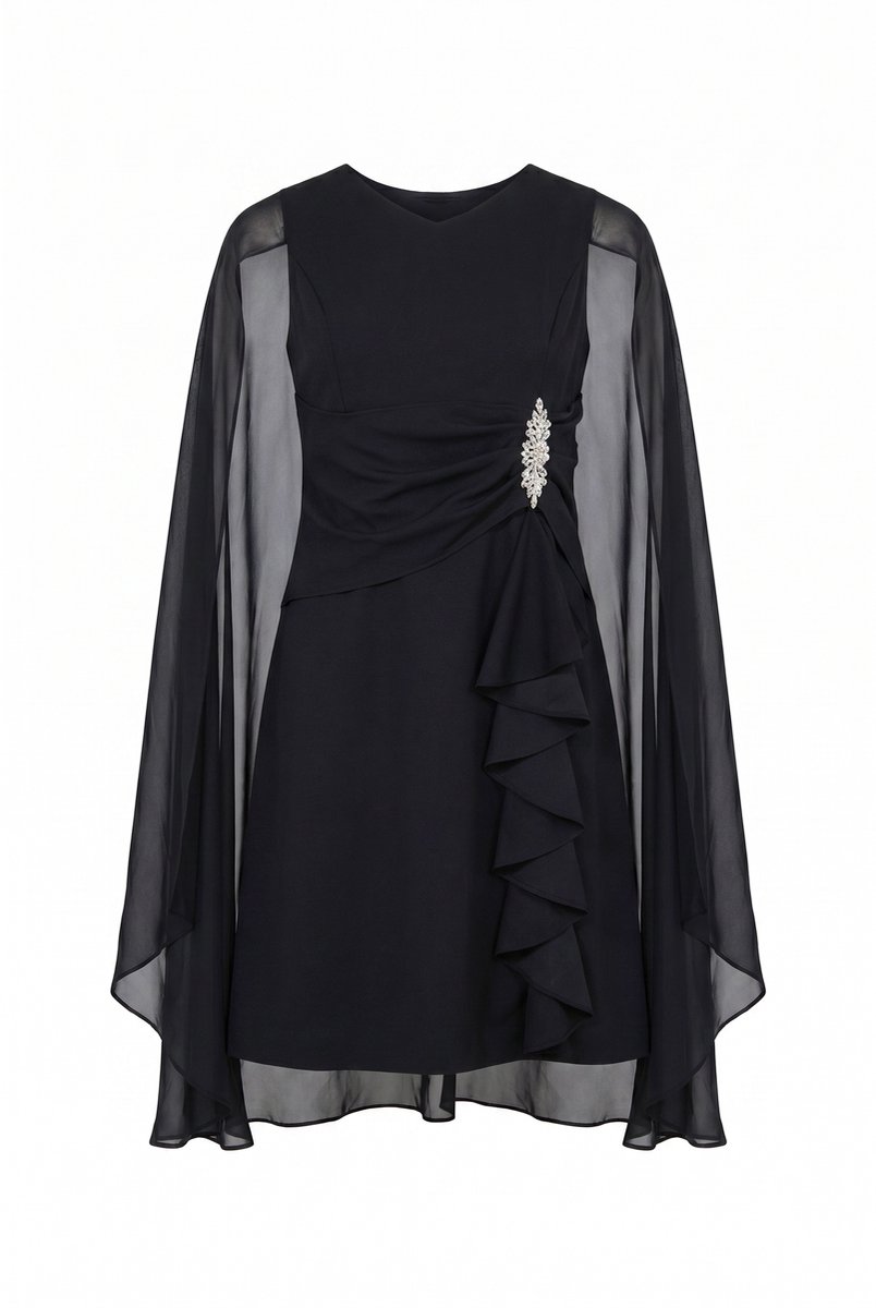 Ulla Popken - Dames - Jurk chiffon cape A-lijn V-hals mouwloos - Zwart - Maat 58