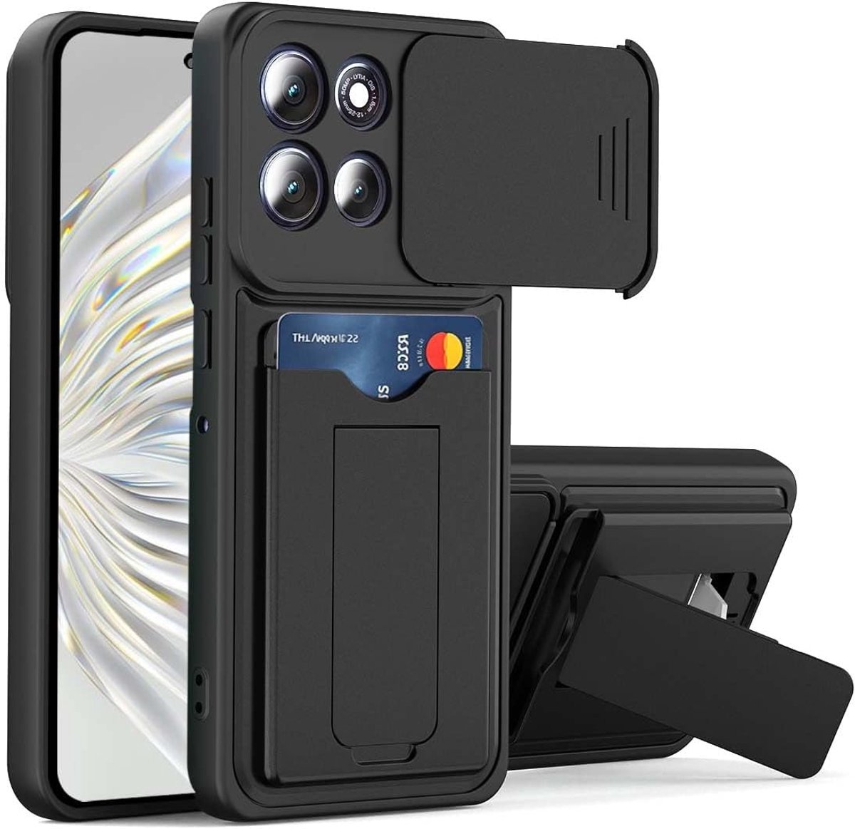 Hoesje voor Motorola Moto G56 5G met Standaard, Schuifbare Camerabescherming en Kaarthouder, Schokbestendige Beschermhoes.Zwart