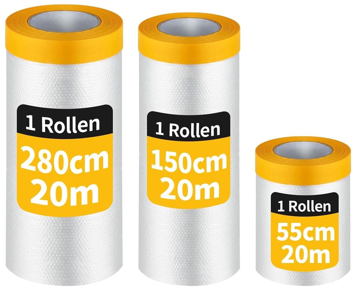 60 m afdekfolie met plakband, 3 rollen (55 cm, 150 cm, 280 cm) x 20 m, zonder resten, schilders, afdekfolie, snel verwijderbaar, afplakband, schilderset voor meubels, vloeren, auto's, deuren