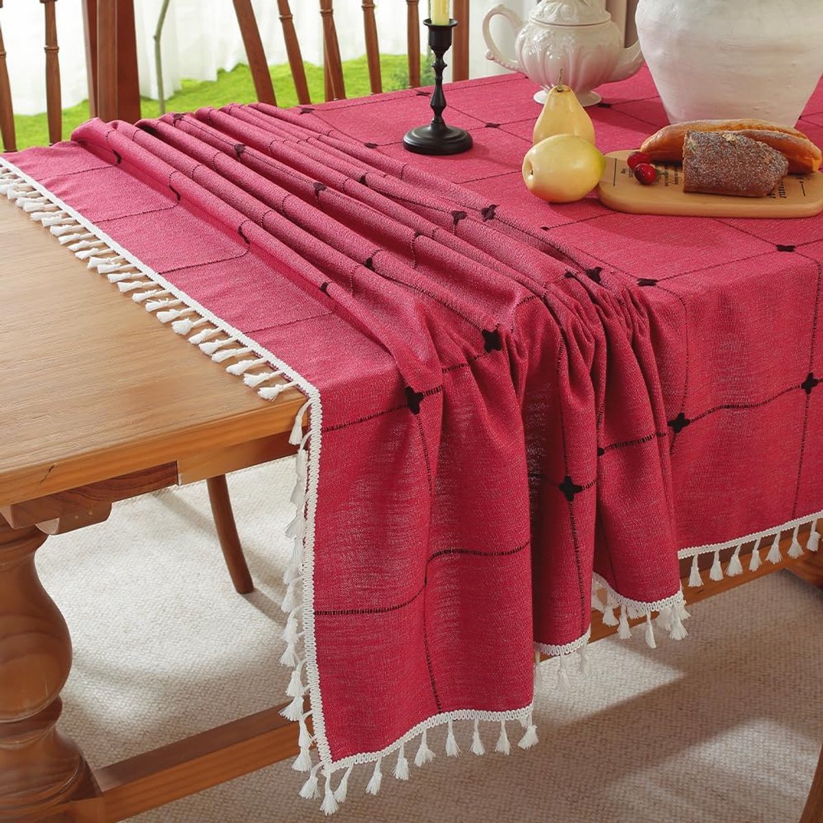 Tafelkleed met kwastjes, katoen en linnen, elegant tafelkleed, wasbare keukentafelhoes voor eettafel