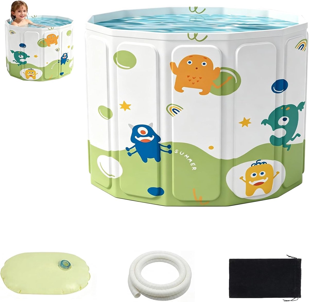 Badkuip, met opbergtas en opblaasbaar waterkussen, vrijstaand voor douche, warm bad en ijsbad, bodem- en zijafvoer met afvoerbuis (40 x 55 x 55 cm voor kinderen)