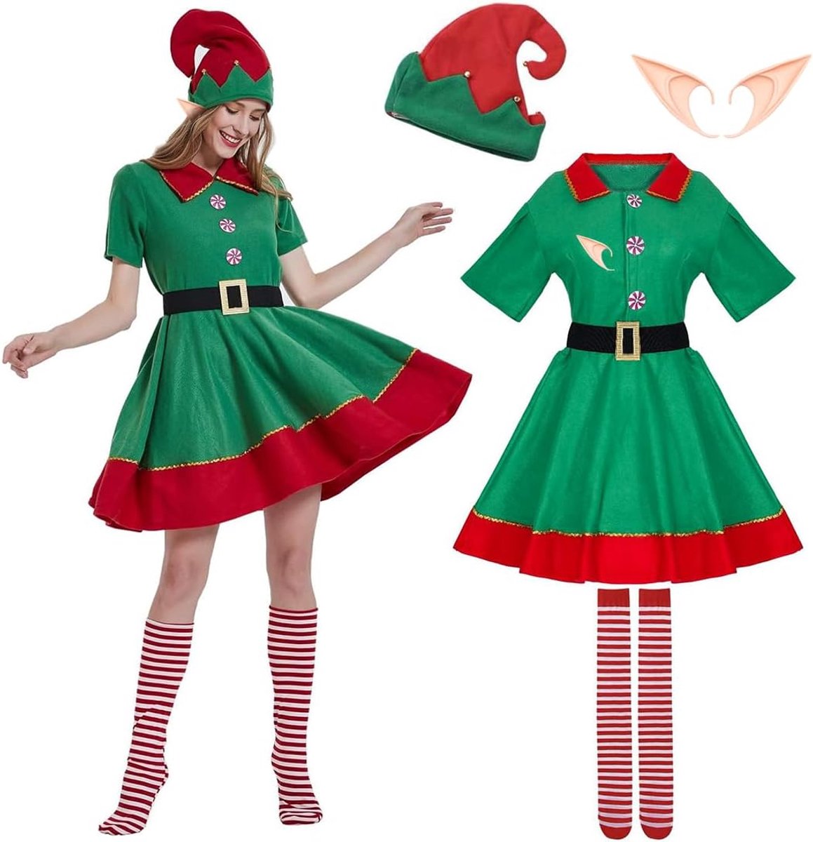 Elfenkostuum voor kinderen en dames, kerstset met oren, muts, panty en jurk, carnaval en Kerstmis voor volwassenen en kinderen