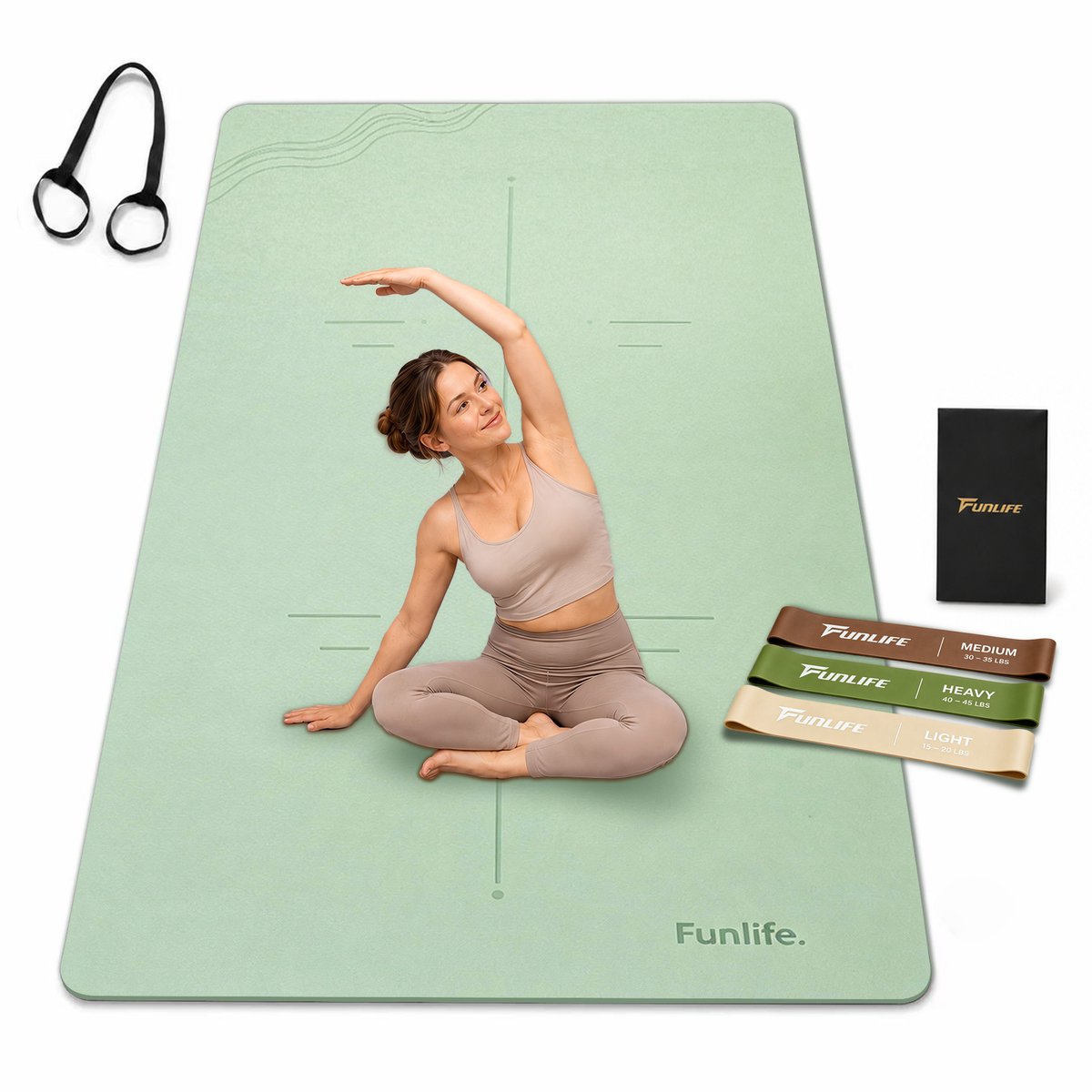 FunLife Yogamat Set Extra Breed 183 x 80 cm - 8 mm TPE Antislip Fitnessmat - Met Draagriem en 3 Weerstandsbanden - Yoga Pilates Sportmat