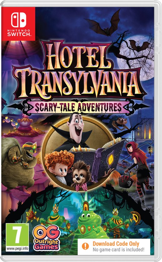 Hoes van Hotel Transylvania Scary-Tale Adventures voor Nintendo Switch met personages en downloadcode-melding.