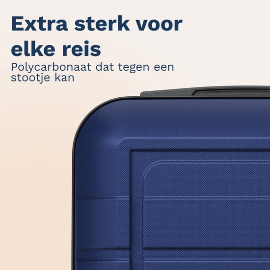 Donkerblauwe koffer met ribbelstructuur en tekst 'Extra sterk voor elke reis'.