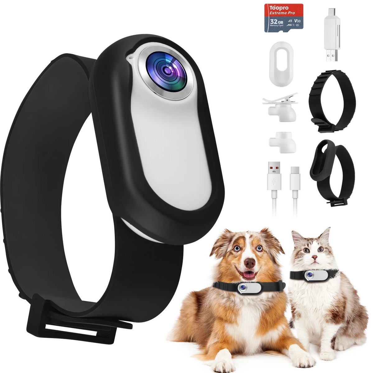 AALVERO - Hondenhalsband - Kattenhalsband - Huisdieren - Met Camera - 1080P - 170°Groothoek - 32Gb Sd Kaart - Usb Oplaadbaar - Wit