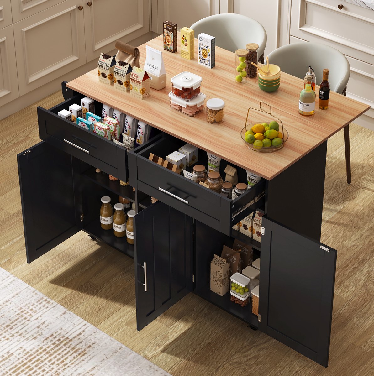 MEUNIQ Keukeneilandwagen 129 x 46(71) x 91,5 cm met uitklapbaar blad, 2 lades, verstelbare legplanken, 5 wielen met 2 remmen, zwart/naturel