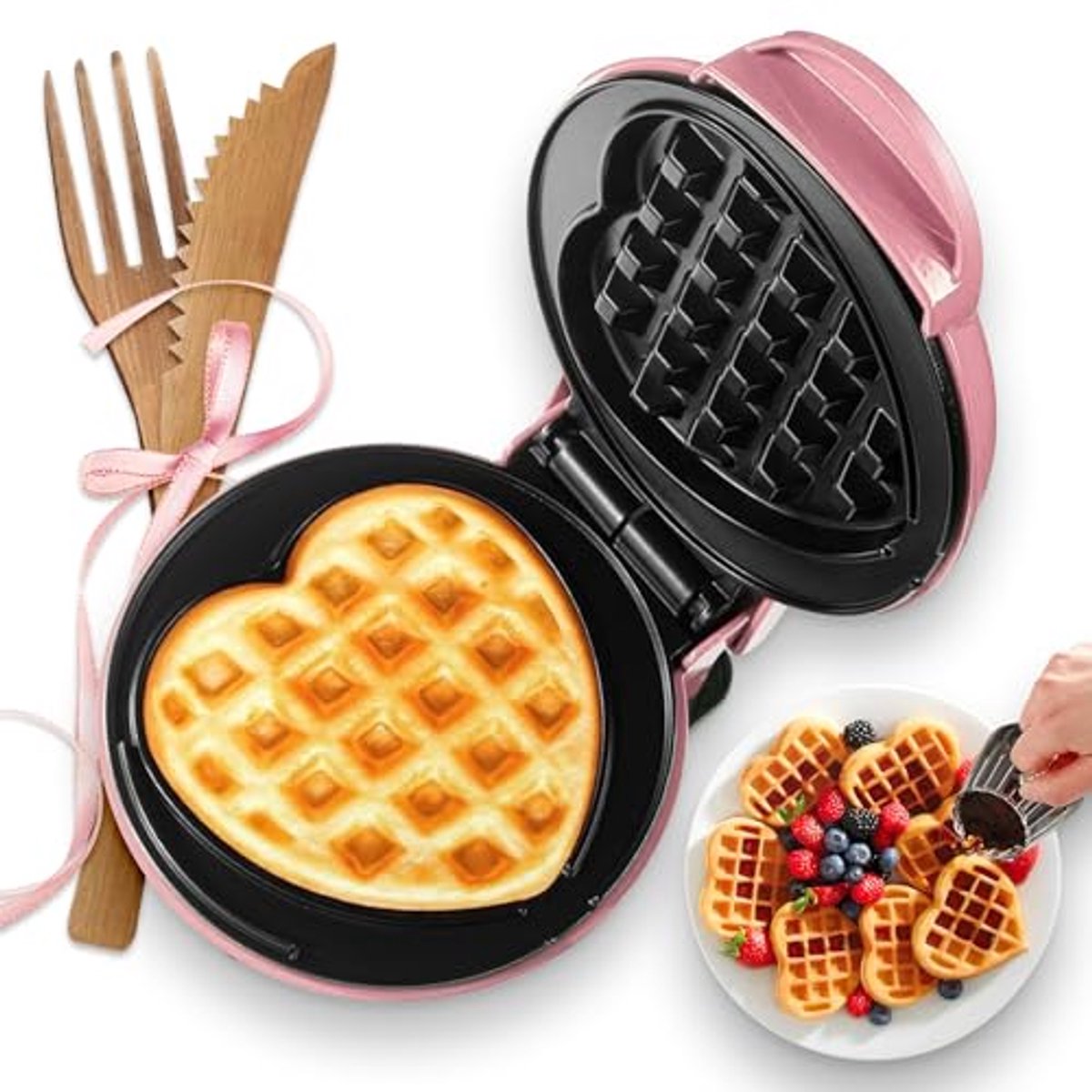 Mini Wafelijzer Hartvormig 10 cm – Compact en Lichtgewicht – Antiaanbaklaag – Roze