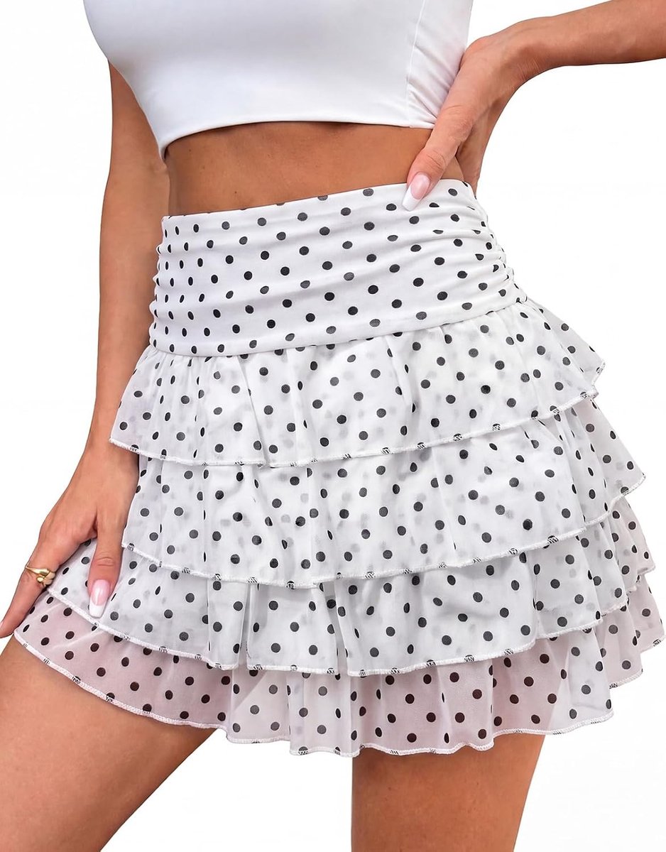 Mini-rok met ruches voor dames, elastische taille, gelaagde mesh-rok met shorts