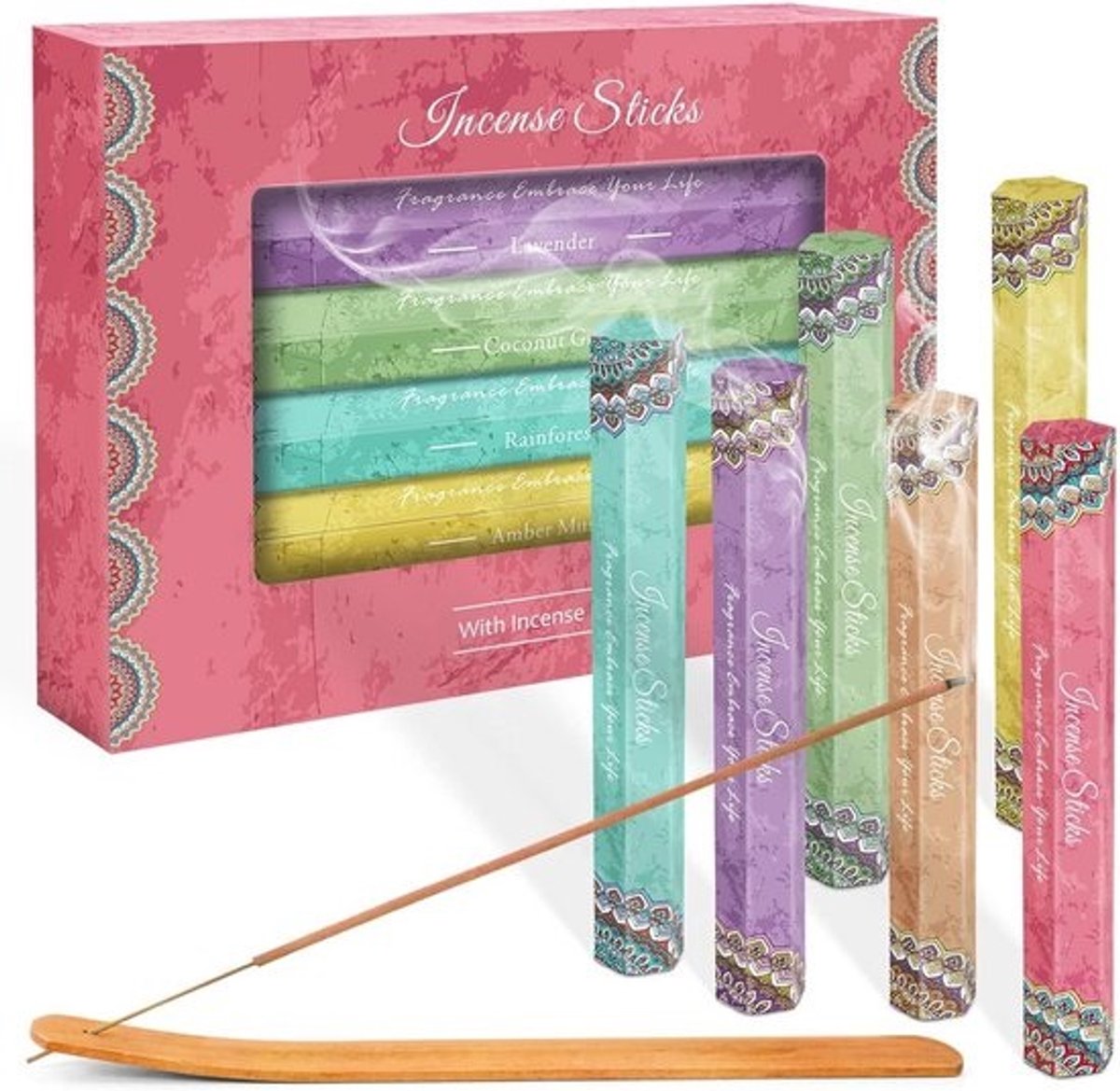 Complete Wierookstokjes Set met 6 Geuren en Houder - Ideaal voor Yoga & Ontspanning