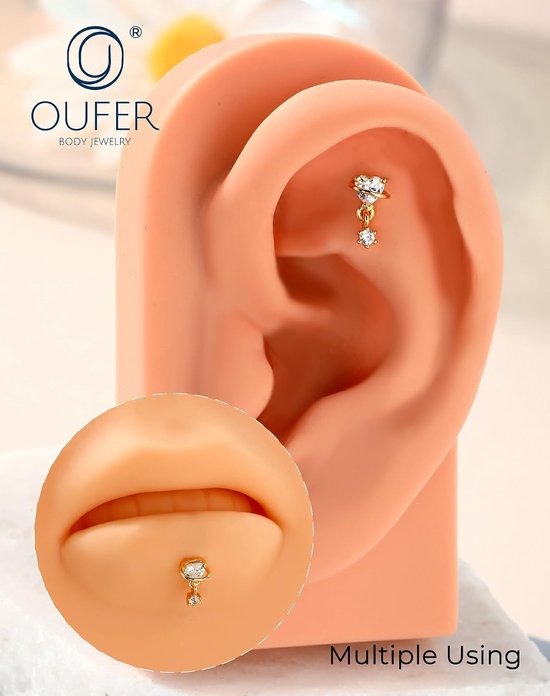 16G Gold Dangle Helix Oorbel Intern Schroefdraad Tragus Oorbel Roestvrij Staal 316L Hart/Driehoek Helix Stud Platte Rug Clear CZ Kraakbeen Lob Piercing 6 mm voor Vrouwen — afbeelding 5