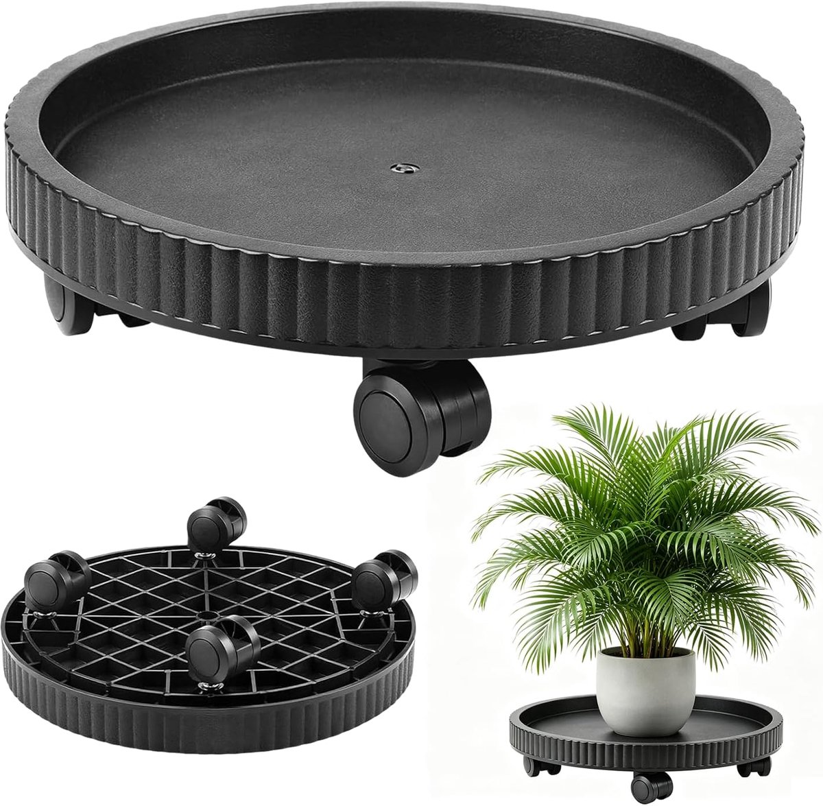 rond, 40 cm, zwaar belastbaar, voor buiten, met 360 graden draaibare wielen, onderzetter voor bloempot voor binnen en buiten (zwart)