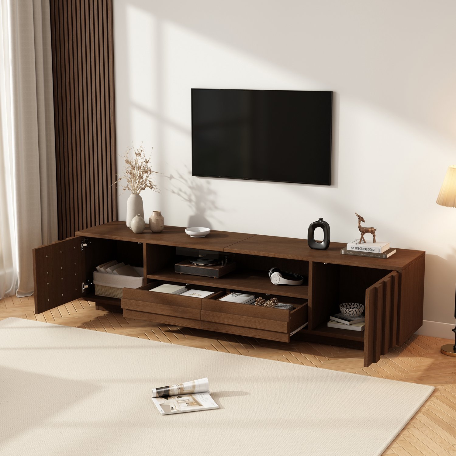 MODENUIT Tv-meubel - 2 Deuren En 2 Lades - Voor Woonkamer - Mdf En Spaanplaat - Walnootkleur - 180x40x45 Cm