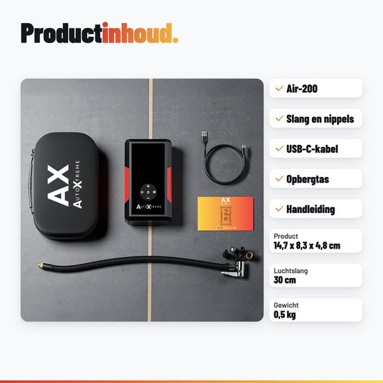Inhoud van de verpakking: AutoXtreme compressor, opbergtas, USB-C-kabel, luchtslang en handleiding.