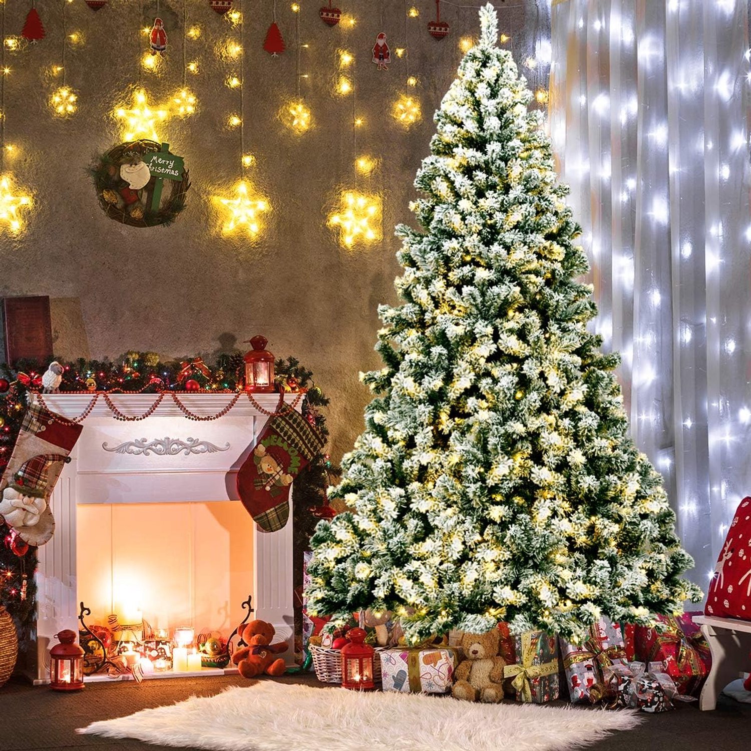 KOMFOTTEU Kunstkerstboom met leds, warmwit - kunstdennenboom wit met sneeuw - decoratieve boom voor Kerstmis, pvc-naalden en metalen standaard (225 cm) – foto 6