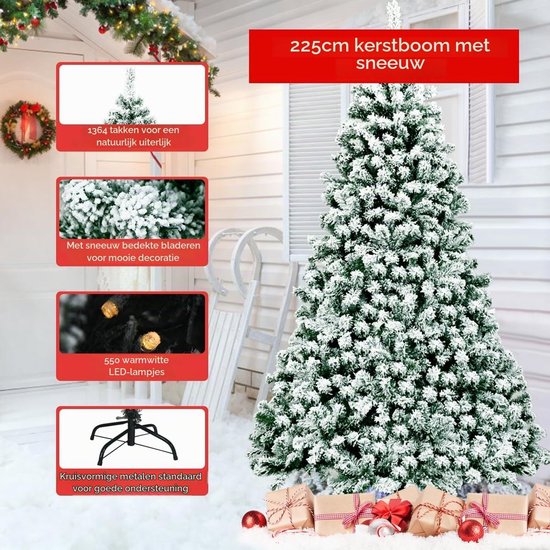 KOMFOTTEU Kunstkerstboom met leds, warmwit - kunstdennenboom wit met sneeuw - decoratieve boom voor Kerstmis, pvc-naalden en metalen standaard (225 cm）